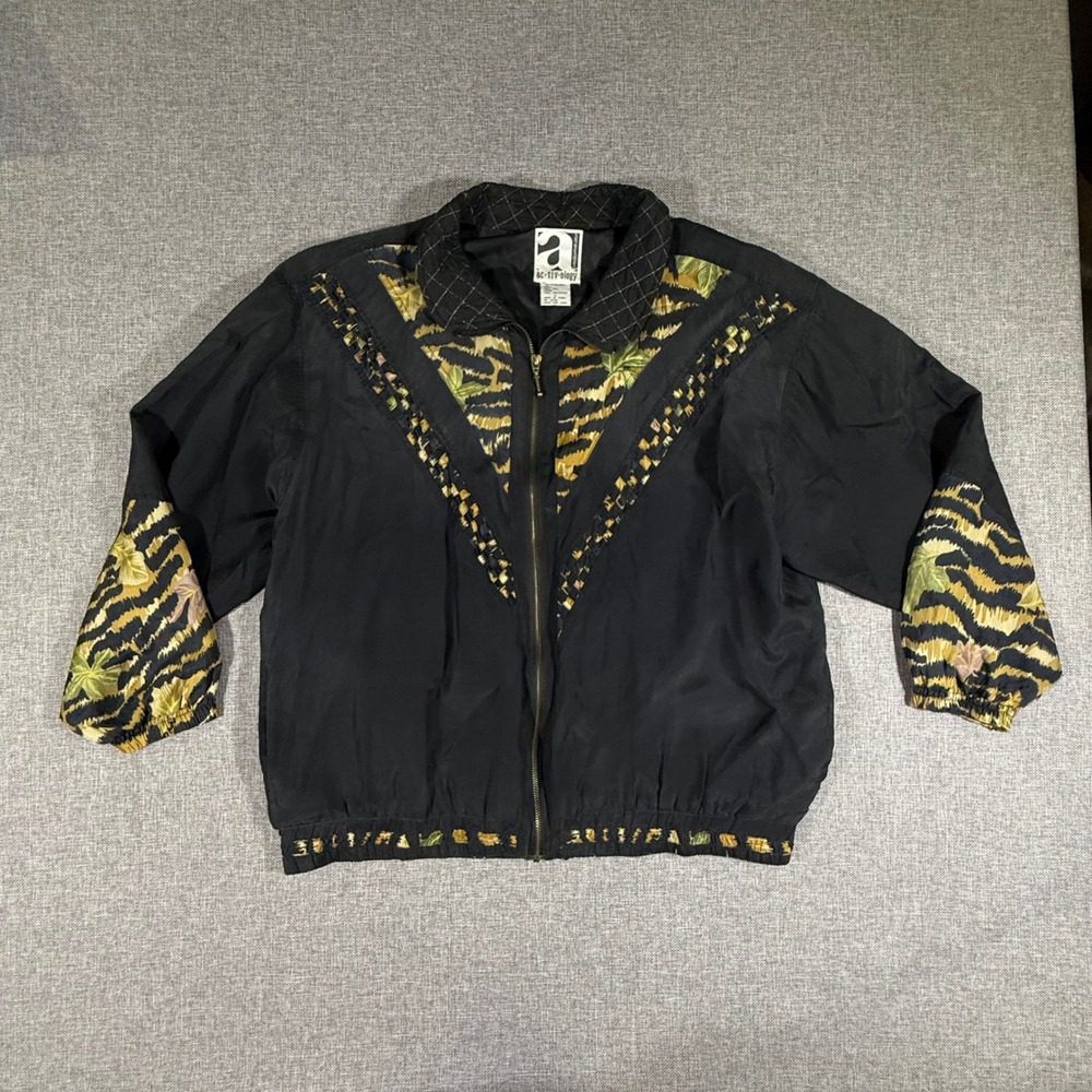 VTG Activology Silk Bomber Jacket Womens Large Black Tiger Print 80s 90s Retro